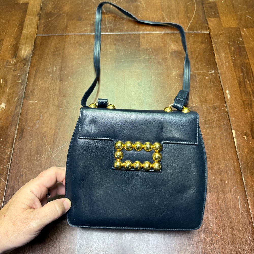 Susan Gail Crossbody Bag Women Small Navy Blue Leather Gold Beaded Buckle Spain